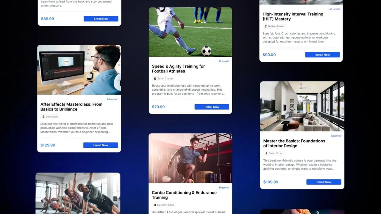 Frame from the Motion Demand Showreel 2026: course platform cards in motion